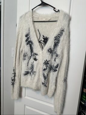 Anthropologie Cream Fuzzy Cardigan with Black Floral Detail